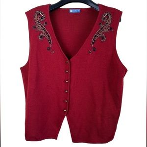 Vintage Koret Women’s‎ Knit Vest Embroidered Beaded Sweater Vest Harvest Red XL